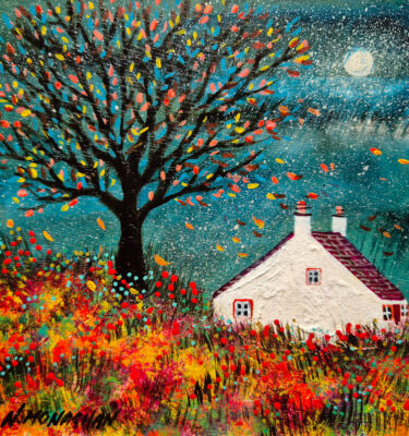 'OLD WHITE COTTAGE AND AUTUMN TREE' FRAMED PAINTING £155
