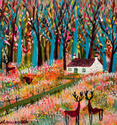 'COTTAGE, STAGS AND AUTUMN WOODLAND' FRAMED PAINTING £155
