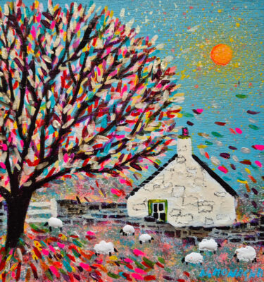 ' A LITTLE FLOCK ON AUTUMN LEAVES' FRAMED PAINTING £155