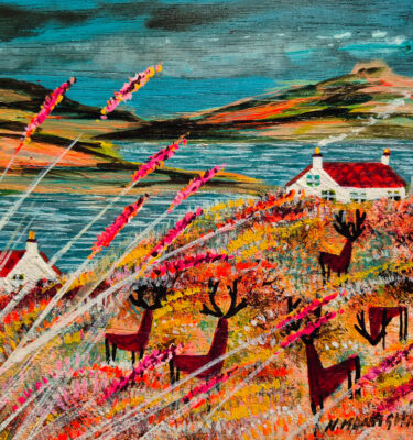 'ISLAND DEER AND OLD COTTAGES' FRAMED PAINTING £155